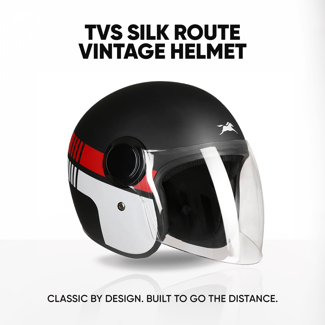 TVS Silk Route Helmet for Men & Women | Vintage Open Face Helmet with Clear Visor | ISI & DOT Certified | ABS Shell | EPS Liner | Retro Stylish Helmet for City & Highway Riding